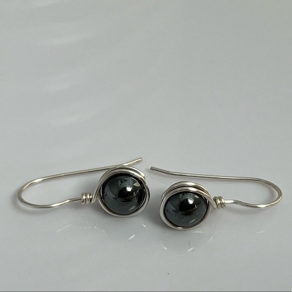 Hematite Silver Wire Wrapped Minimalist Earrings - Picture 11 of 11